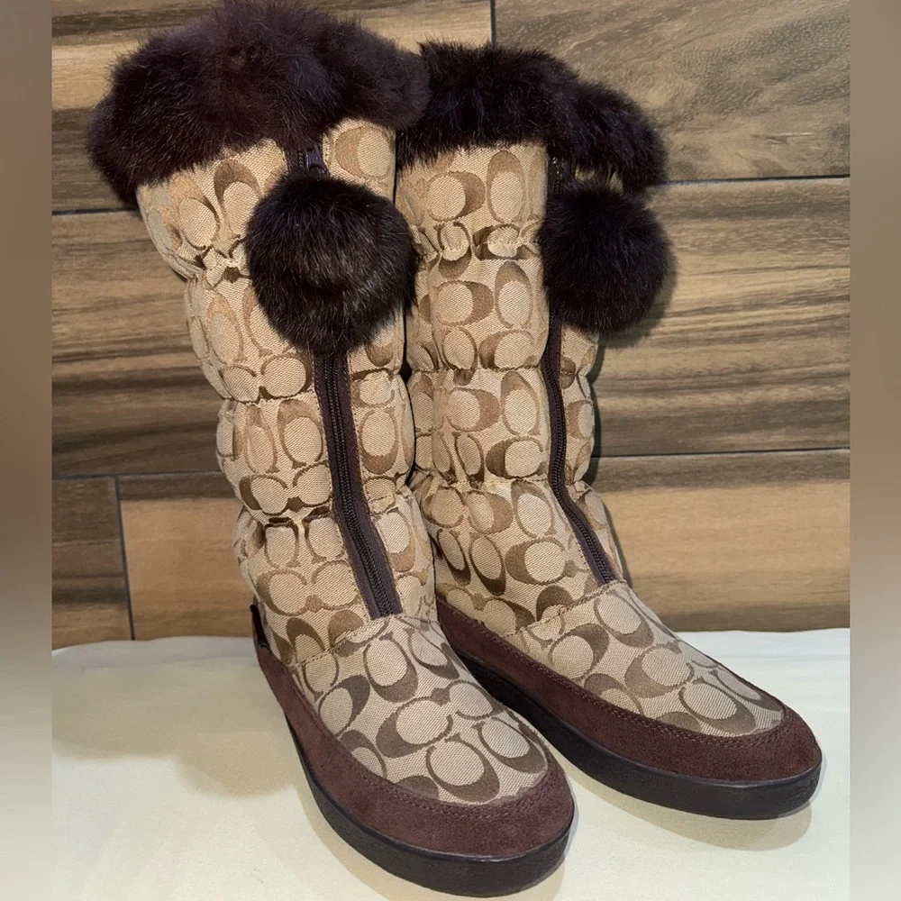 Coach Theona Y2K Signature Monogram Jacquard Rabbit Fur Brown Women’s Boots 8.5